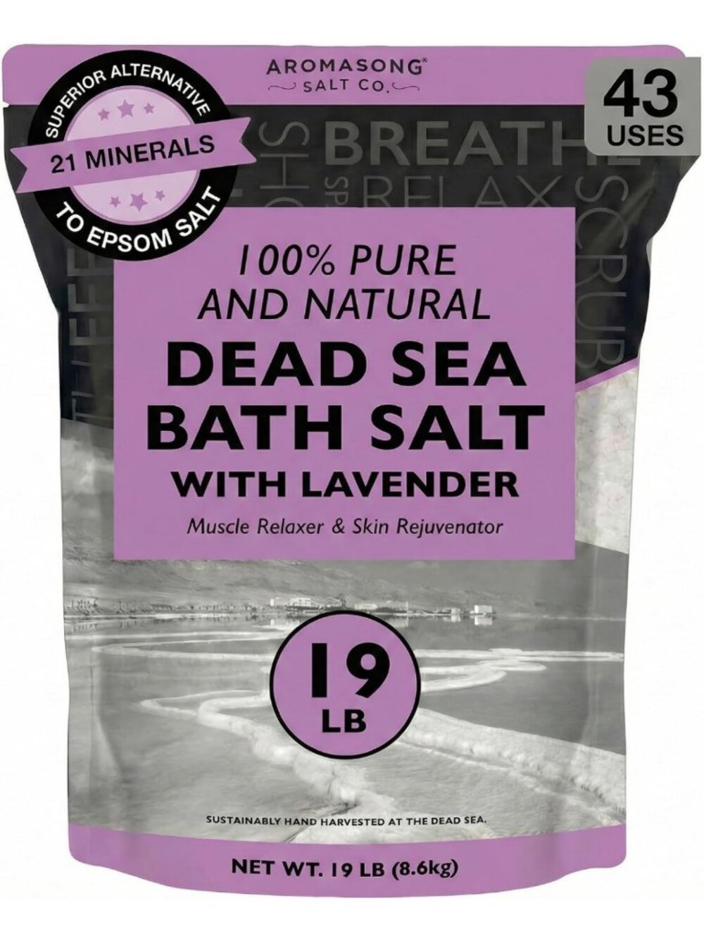 Natural Lavender Dead Sea Salt Soak - Spa Bath Salt, Fine Grain, 19 LB Bulk Pack